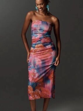 Anthropologie Strapless Floral Midi Dress in Pink and Blue NWT The Soleil Slim